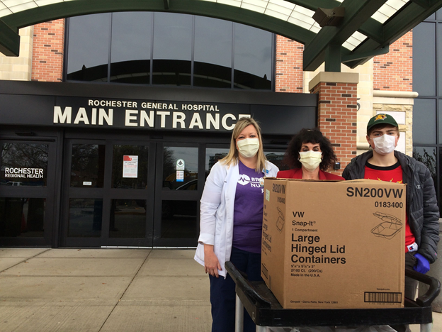 Box of food being delivered by a team member to health care workers Rochester General Hospital