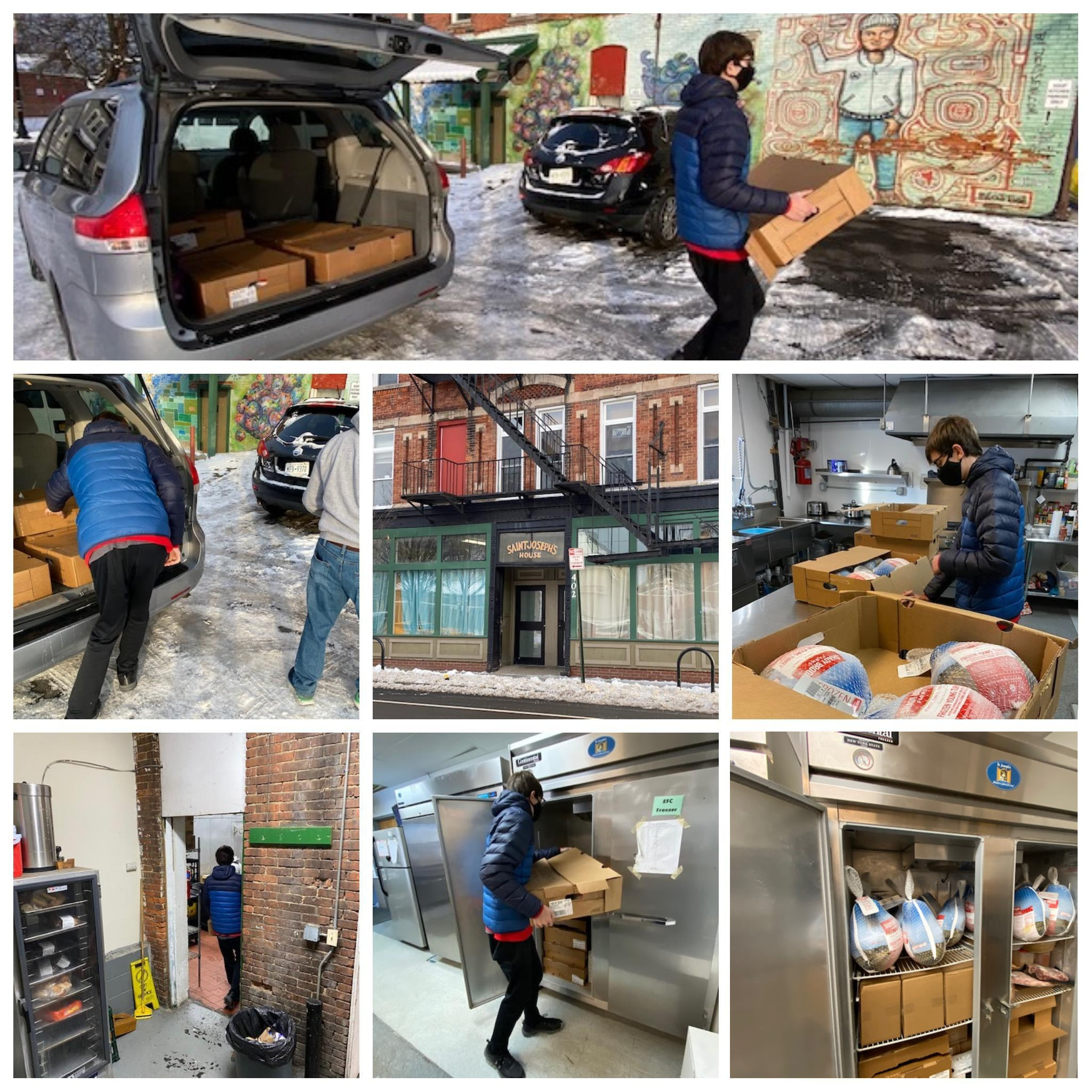 Photo collage of student delivering turkeys to various locations