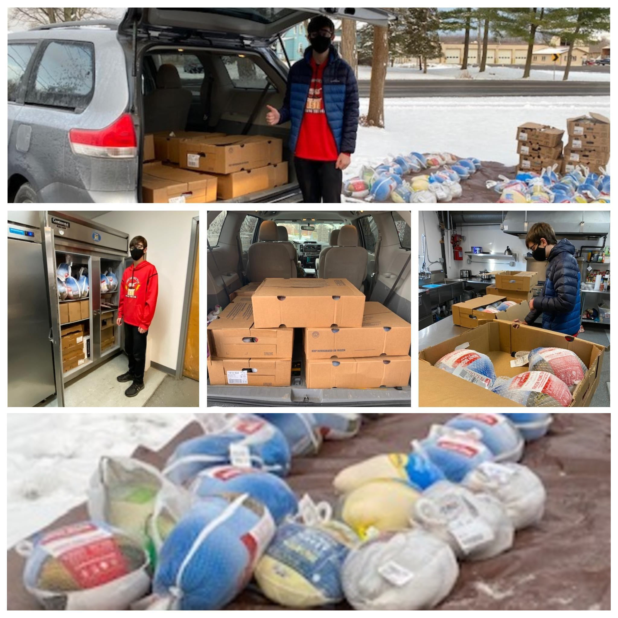 Photo collage of team member delivering turkeys to various locations